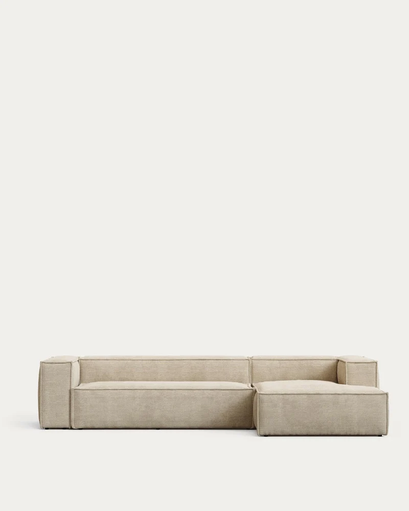 4-Sitzer-Sofa Blok schwer entflammbar mit Chaiselongue rechts und dickem Cord in Ecru 330