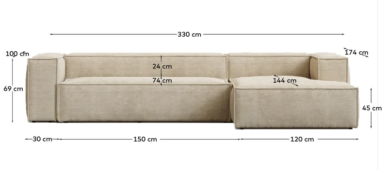 4-Sitzer-Sofa Blok schwer entflammbar mit Chaiselongue rechts und dickem Cord in Ecru 330
