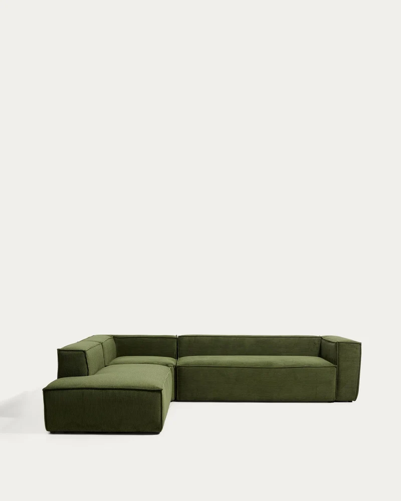 5-Sitzer-Ecksofa Blok mit Randmodul links in grobem grünem Cord, 255 x 320 cm, FSC Mix Cre