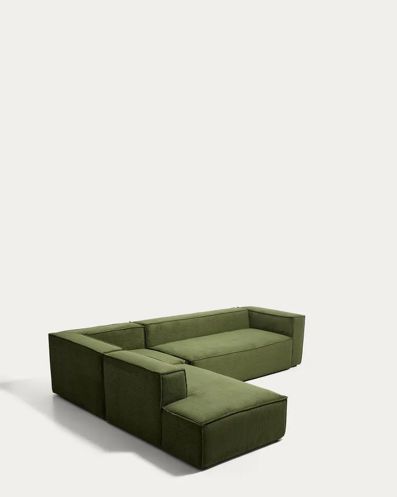 5-Sitzer-Ecksofa Blok mit Randmodul links in grobem grünem Cord, 255 x 320 cm, FSC Mix Cre