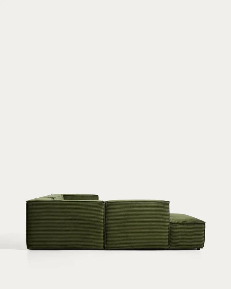 5-Sitzer-Ecksofa Blok mit Randmodul links in grobem grünem Cord, 255 x 320 cm, FSC Mix Cre