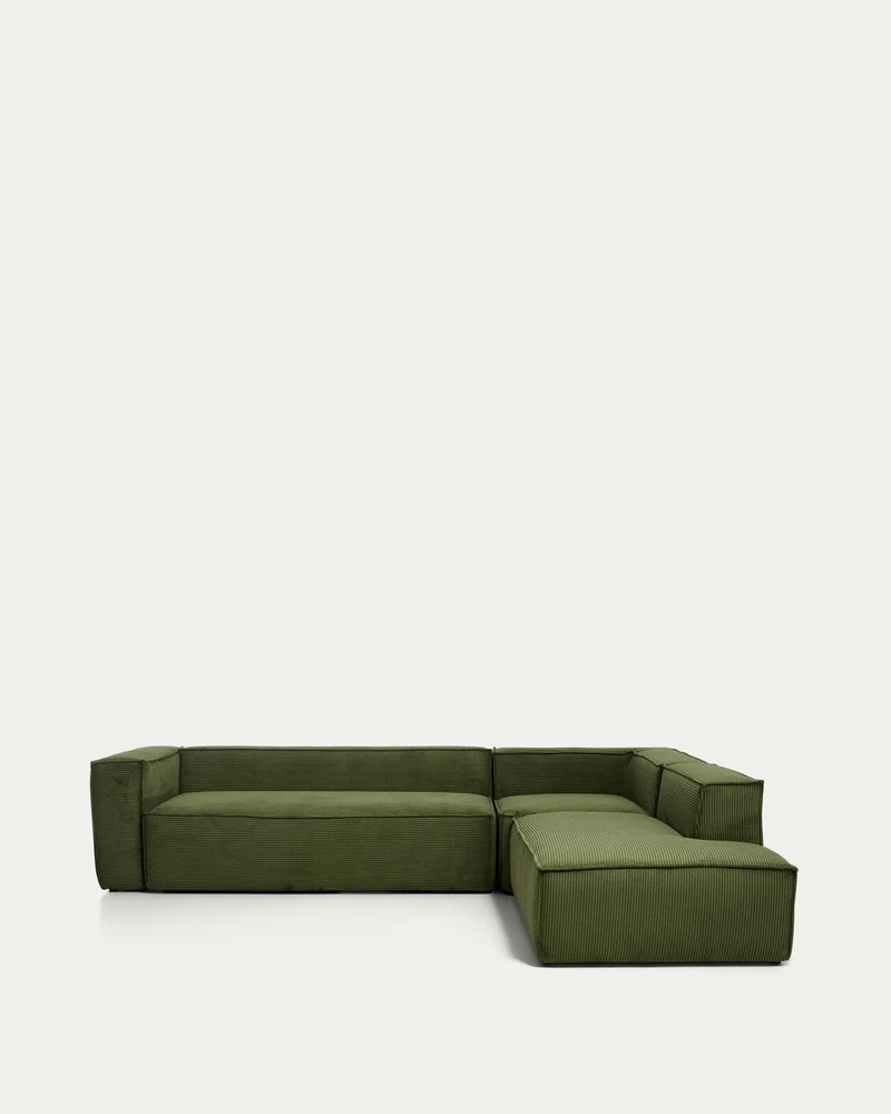 5-Sitzer-Ecksofa Blok mit Randmodul links in grobem grünem Cord, 320 x 255 cm, FSC Mix Cre