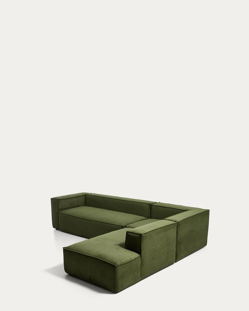 5-Sitzer-Ecksofa Blok mit Randmodul links in grobem grünem Cord, 320 x 255 cm, FSC Mix Cre