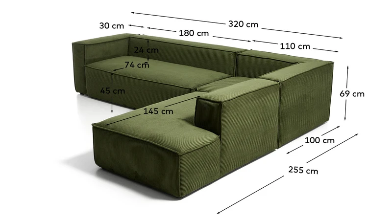 5-Sitzer-Ecksofa Blok mit Randmodul links in grobem grünem Cord, 320 x 255 cm, FSC Mix Cre