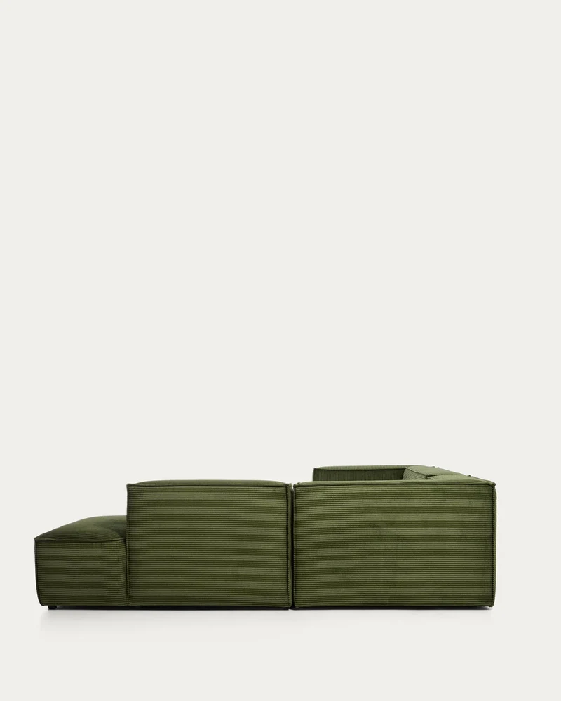 5-Sitzer-Ecksofa Blok mit Randmodul links in grobem grünem Cord, 320 x 255 cm, FSC Mix Cre