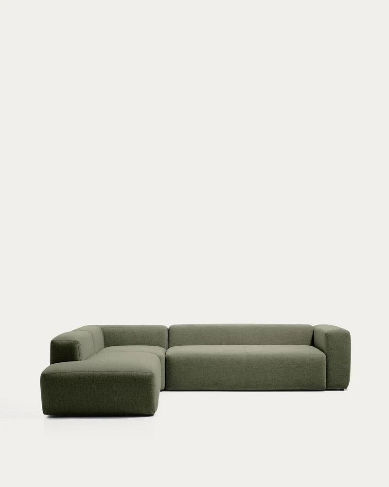 5-Sitzer-Ecksofa Blok mit Randmodul links in moosgrüner Chenille, 255 x 320 cm, FSC Mix Cr