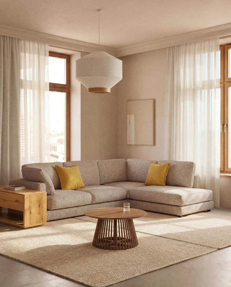 5-Sitzer-Ecksofa Gala mit Randmodul rechts aus beigem Microbouclé, FSC Mix Credit, 300 x 2