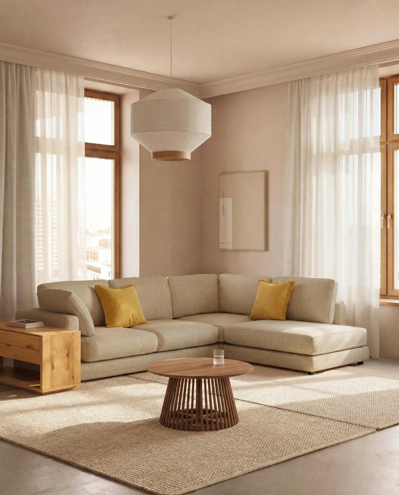 5-Sitzer-Ecksofa Gala mit Randmodul rechts aus beiger Chenille, FSC Mix Credit, 300 x 225