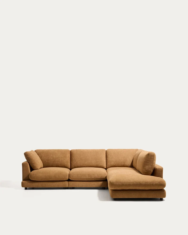 5-Sitzer-Ecksofa Gala mit Randmodul rechts aus senfgelbem Microbouclé, FSC Mix Credit, 300