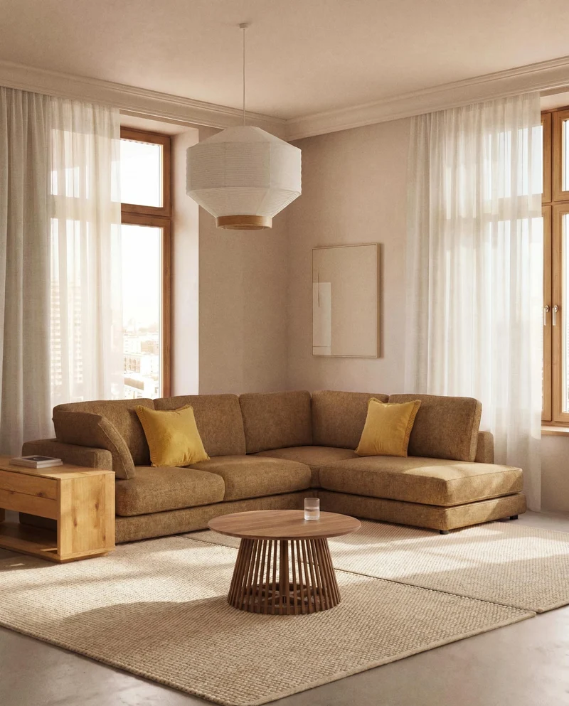 5-Sitzer-Ecksofa Gala mit Randmodul rechts aus senfgelbem Microbouclé, FSC Mix Credit, 300