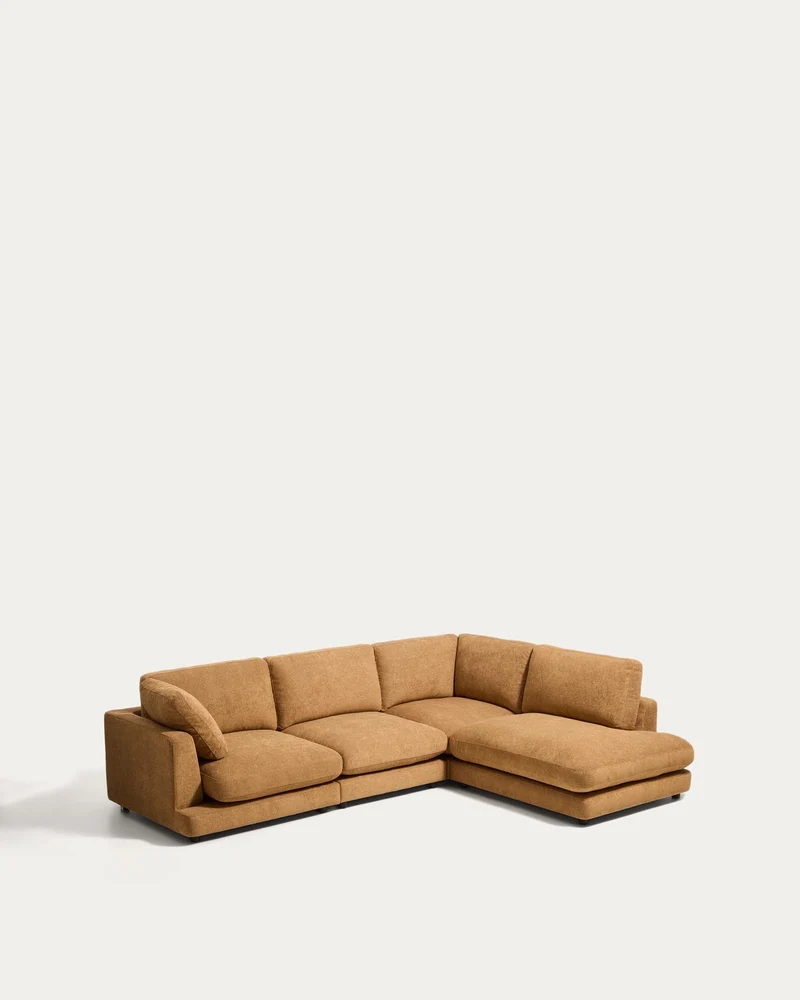 5-Sitzer-Ecksofa Gala mit Randmodul rechts aus senfgelbem Microbouclé, FSC Mix Credit, 300