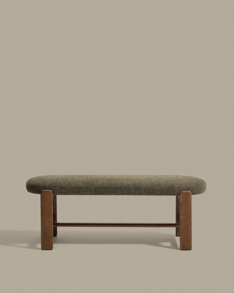 Bank Granite mit grüner Chenille und massivem Eschenholz mit Nussbaumfinish, 120 cm, FSC 1