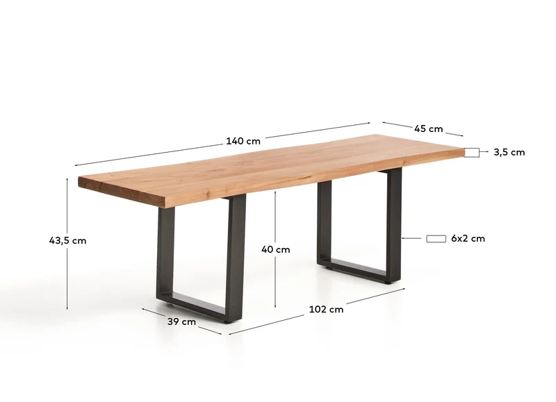 Bank Uxue aus massivem Akazienholz mit Beinen aus schwarzem Stahl 140 x 45 cm