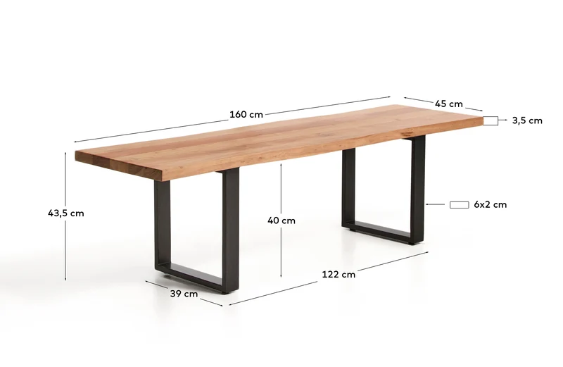 Bank Uxue aus massivem Akazienholz mit Beinen aus schwarzem Stahl 160 x 45 cm
