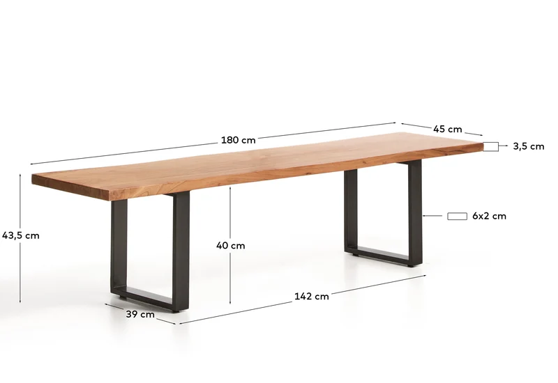 Bank Uxue aus massivem Akazienholz mit Beinen aus schwarzem Stahl 180 x 45 cm