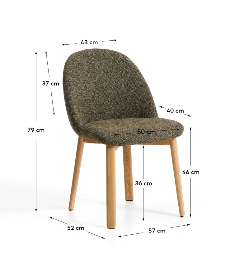 Stuhl Meila mit grüner Chenille und Beinen aus massivem Eschenholz mit naturfarbenem Finis