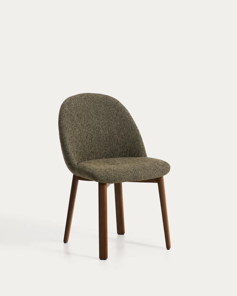 Stuhl Meila mit grüner Chenille und Beinen aus massivem Eschenholz mit Nussbaumfinish