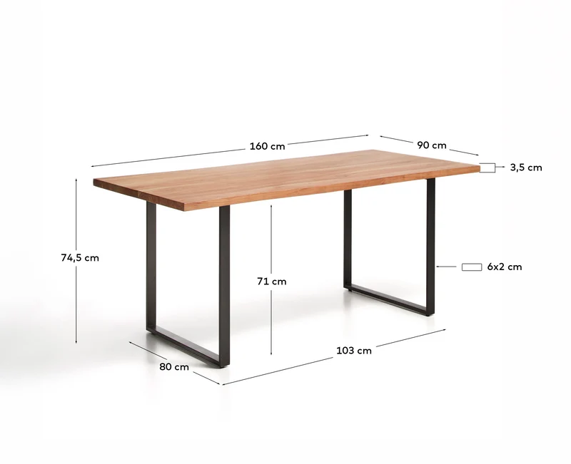 Tisch Uxue aus massivem Akazienholz mit Beinen aus schwarzem Stahl 160 x 90 cm