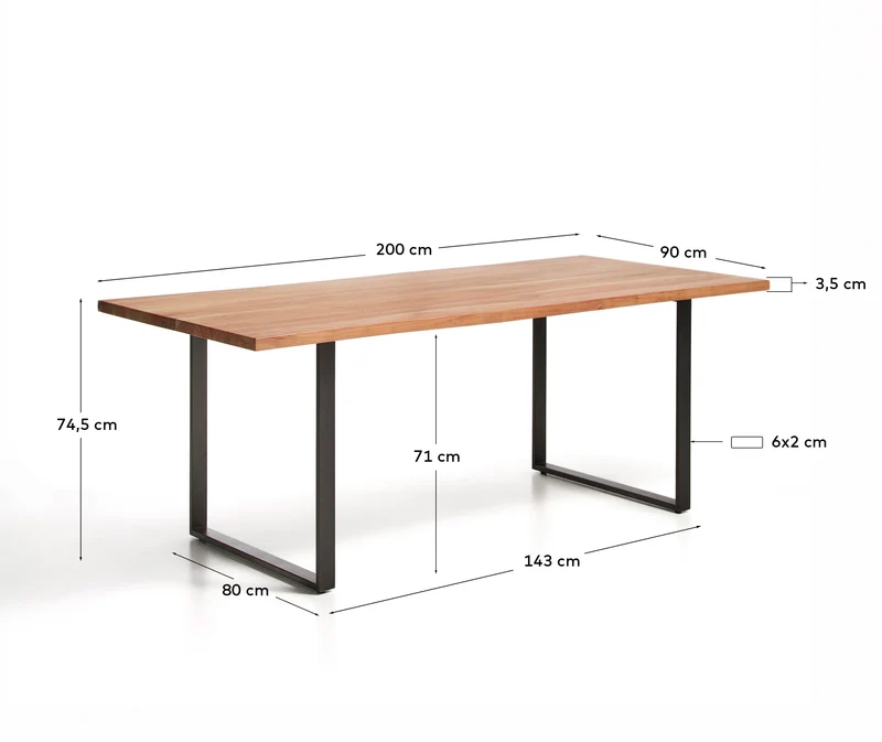 Tisch Uxue aus massivem Akazienholz mit Beinen aus schwarzem Stahl 200 x 90 cm