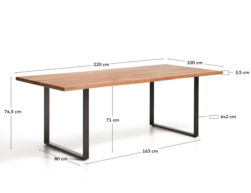 Tisch Uxue aus massivem Akazienholz mit Beinen aus schwarzem Stahl 220 x 100 cm