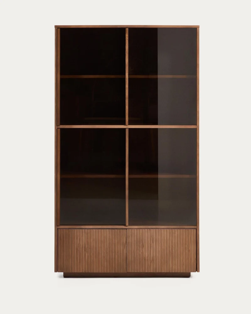 Vitrine Helvine 4 Türen 2 Schubladen Eichenfurnier mit Nussbaum-Finish und gehärtetes Glas