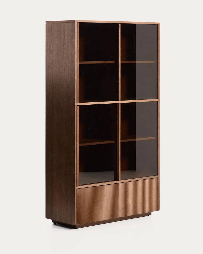 Vitrine Helvine 4 Türen 2 Schubladen Eichenfurnier mit Nussbaum-Finish und gehärtetes Glas