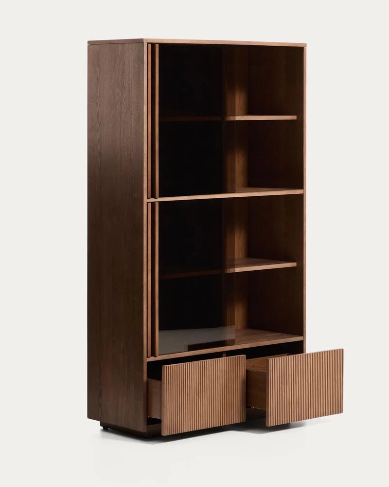 Vitrine Helvine 4 Türen 2 Schubladen Eichenfurnier mit Nussbaum-Finish und gehärtetes Glas