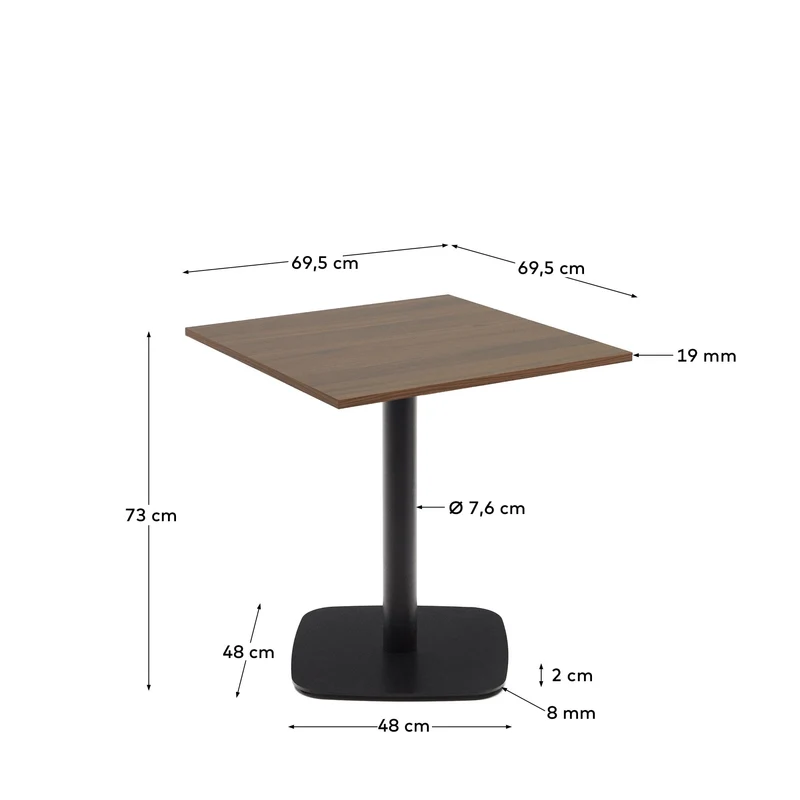 Dina Tisch aus Melamin in Nussbaumoptik mit schwarz lackiertem Metallbein 70 x 70 x 70 cm