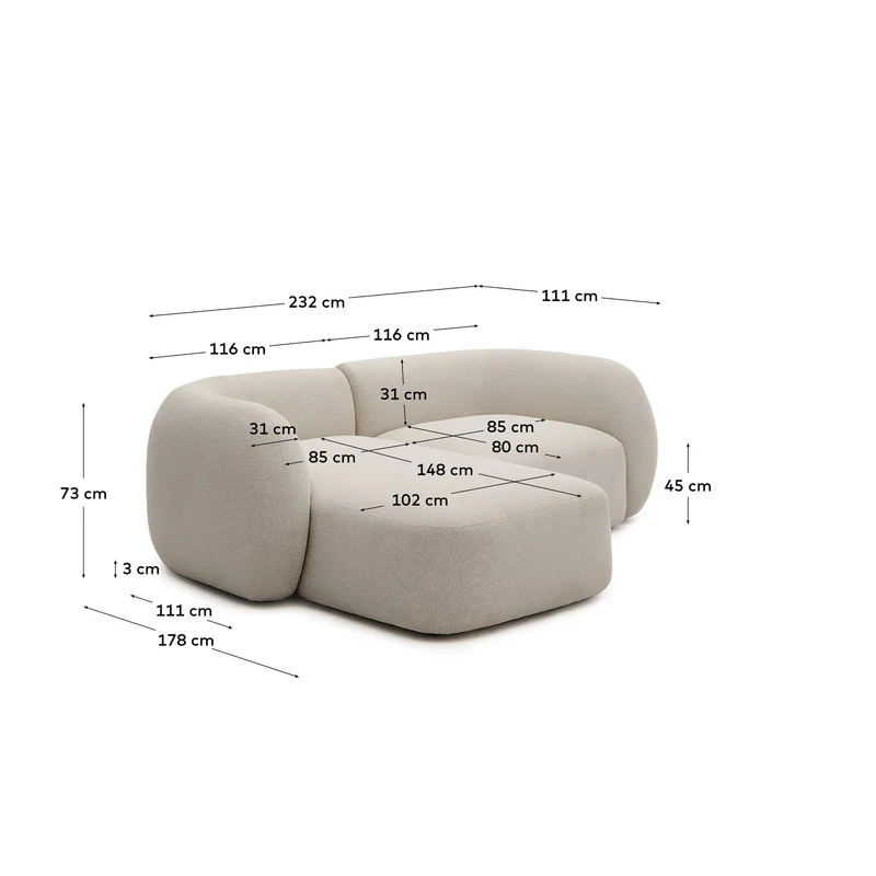 Schwer entflammbares 2-Sitzer-Modularsofa Martina mit Chenille und Chaiselongue links in S