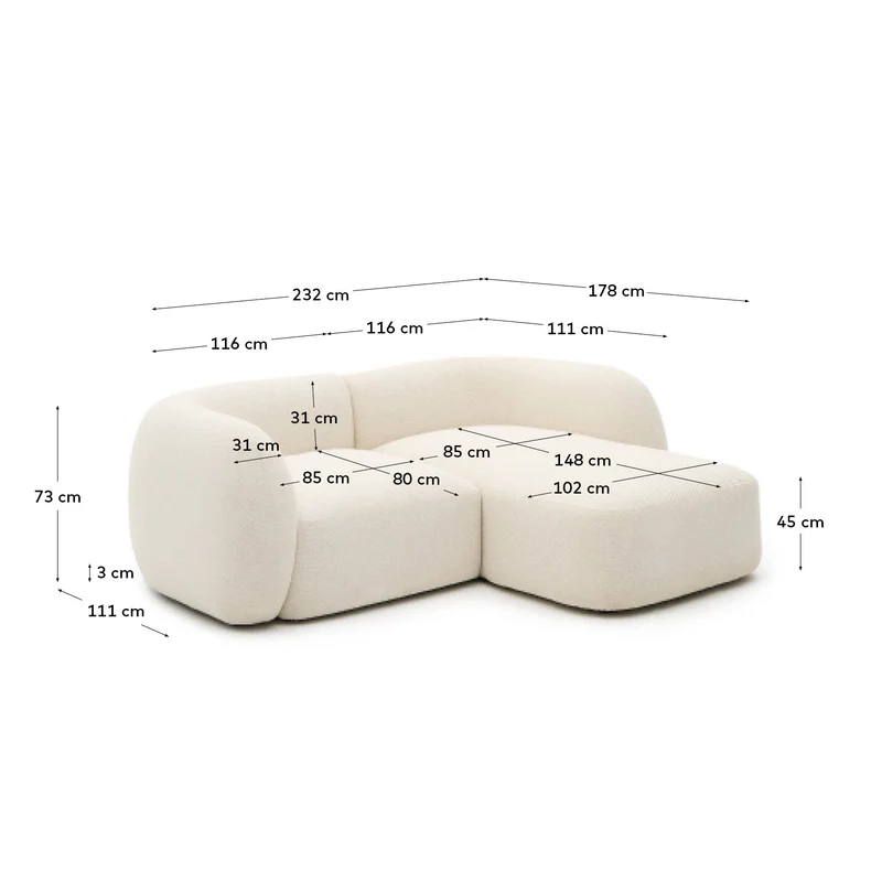 Schwer entflammbares 2-Sitzer-Modularsofa Martina mit Chenille und Chaiselongue rechts in