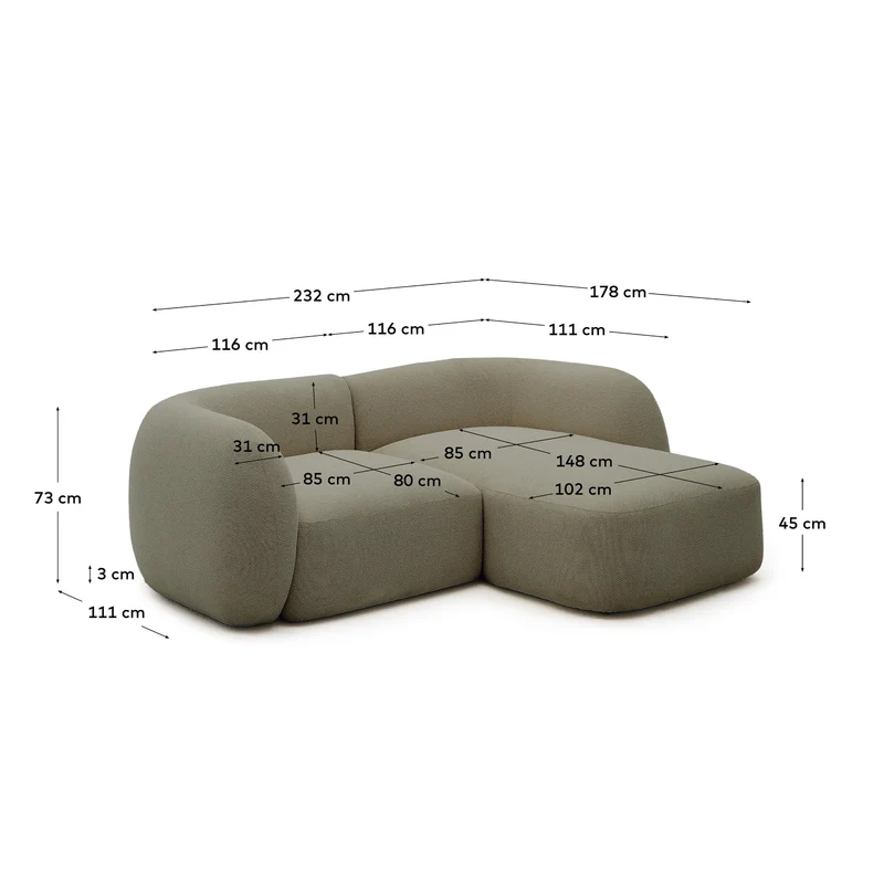Schwer entflammbares 2-Sitzer-Modularsofa Martina mit Chenille und Chaiselongue rechts in