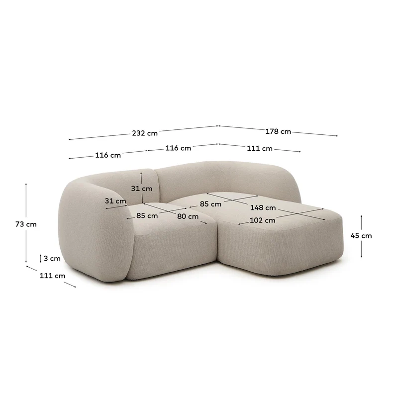 Schwer entflammbares 2-Sitzer-Modularsofa Martina mit Chenille und Chaiselongue rechts in
