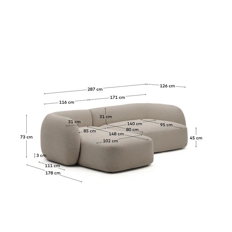 Schwer entflammbares 3-Sitzer-Modularsofa Martina mit Chenille und Chaiselongue links in S