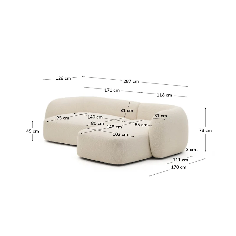 Schwer entflammbares 3-Sitzer-Modularsofa Martina mit Chenille und Chaiselongue rechts in