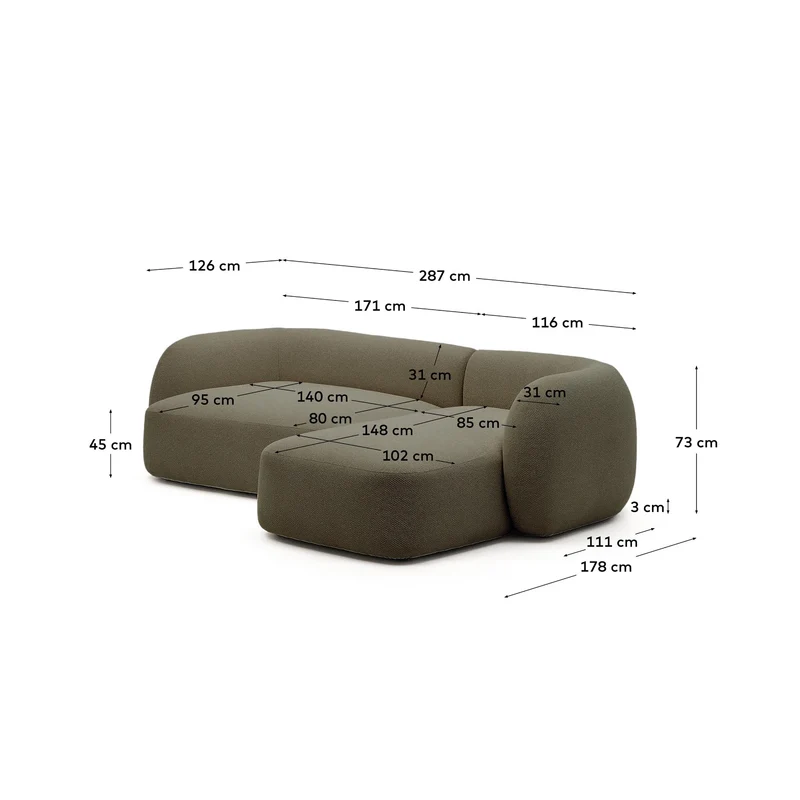 Schwer entflammbares 3-Sitzer-Modularsofa Martina mit Chenille und Chaiselongue rechts in