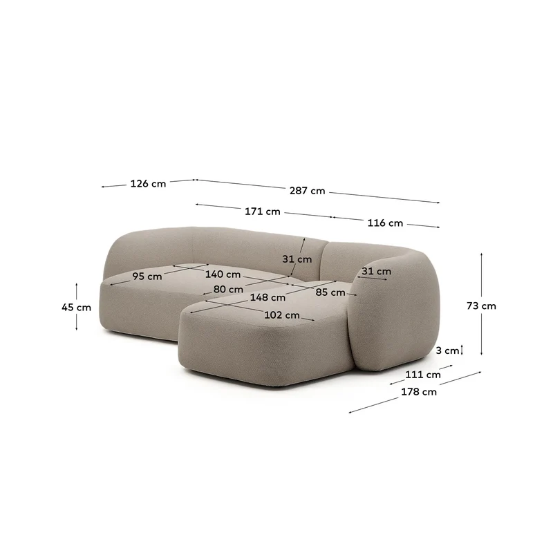 Schwer entflammbares 3-Sitzer-Modularsofa Martina mit Chenille und Chaiselongue rechts in
