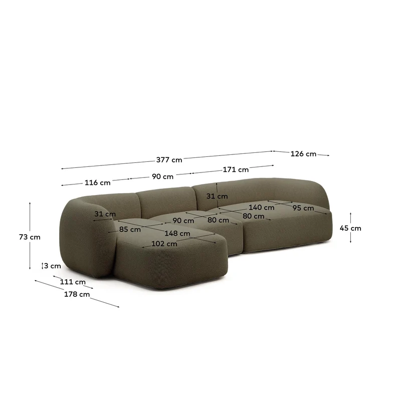 Schwer entflammbares 4-Sitzer-Modularsofa Martina mit Chenille und Chaiselongue links in G