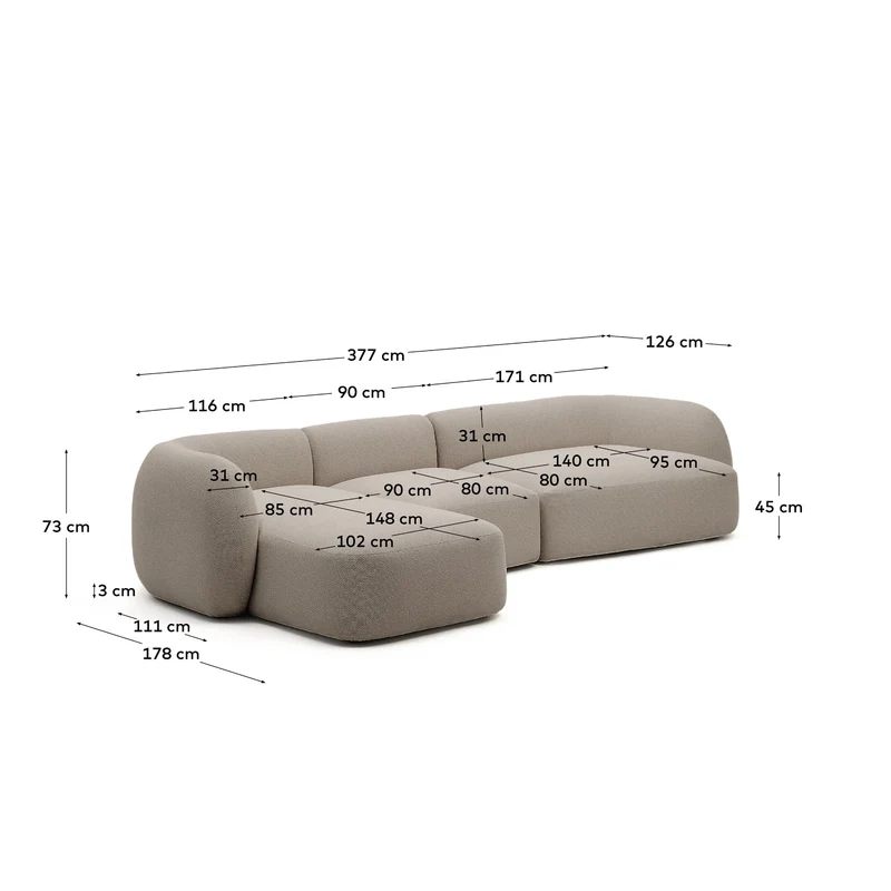 Schwer entflammbares 4-Sitzer-Modularsofa Martina mit Chenille und Chaiselongue links in S