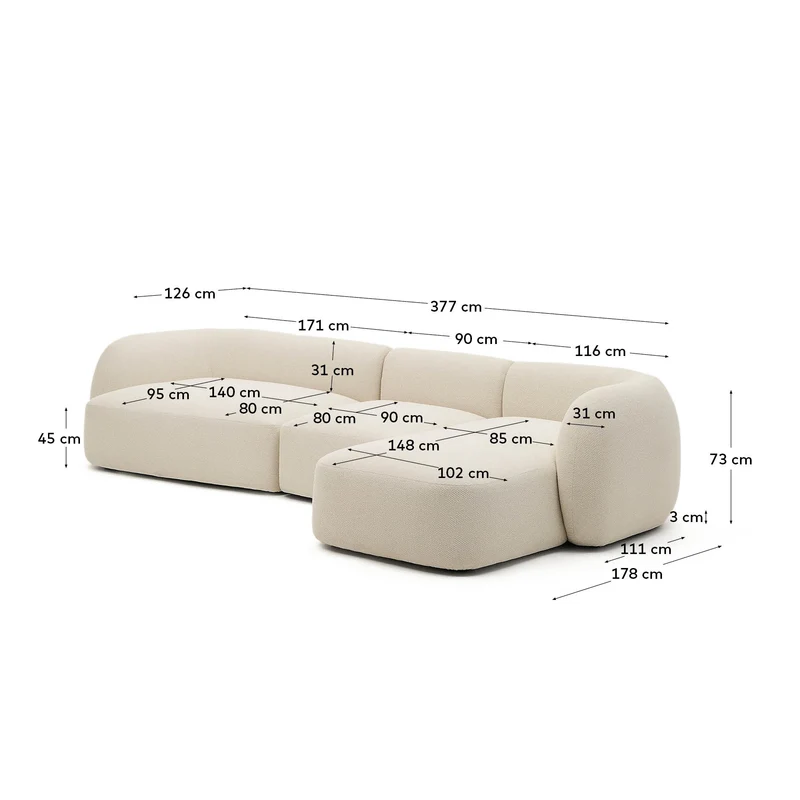 Schwer entflammbares 4-Sitzer-Modularsofa Martina mit Chenille und Chaiselongue rechts in