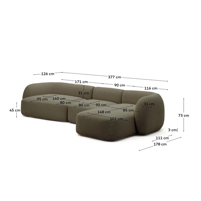 Schwer entflammbares 4-Sitzer-Modularsofa Martina mit Chenille und Chaiselongue rechts in