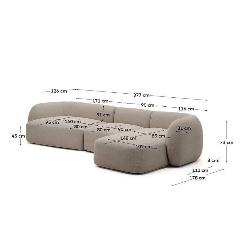 Schwer entflammbares 4-Sitzer-Modularsofa Martina mit Chenille und Chaiselongue rechts in