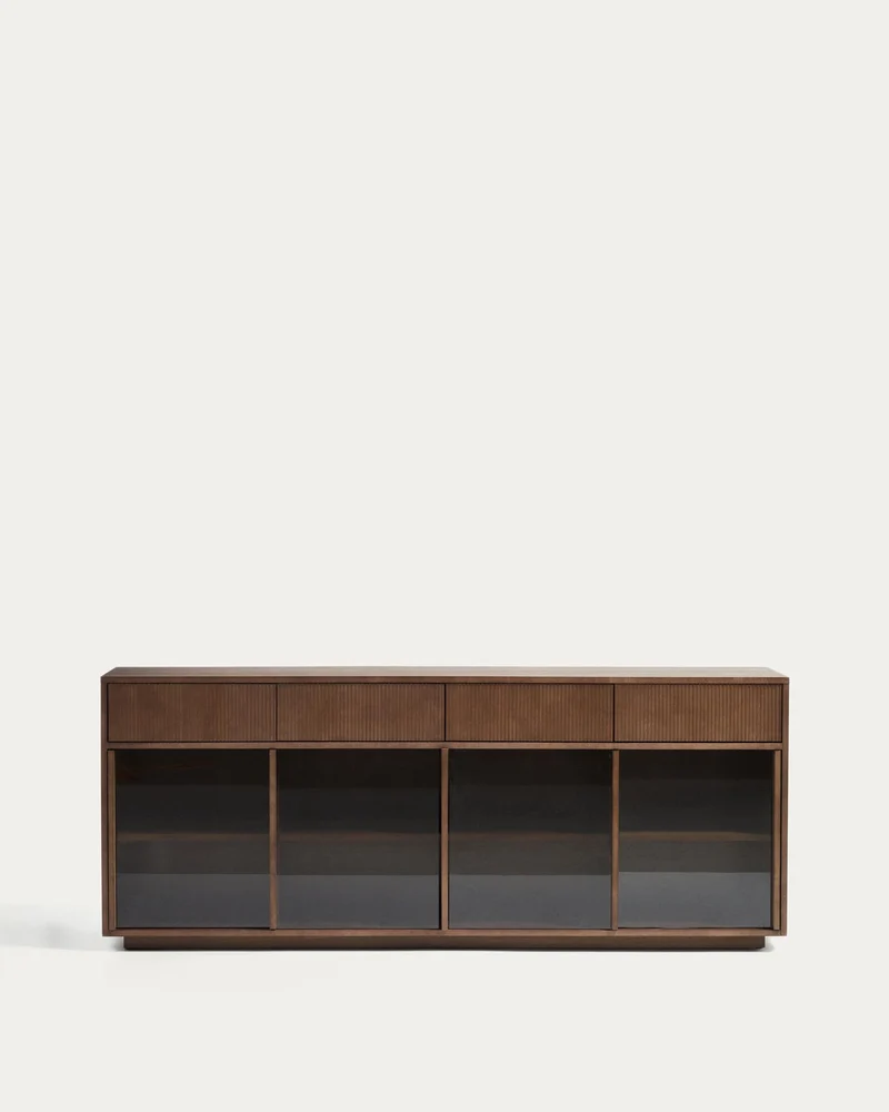 Sideboard Helvine 4 Türen 4 Schubladen Eichenfurnier mit Nussbaum-Finish und gehärtetes Gl