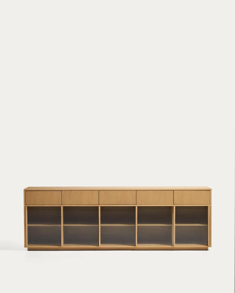 Sideboard Helvine mit 5 Türen und 5 Schubladen aus Eichenfurnier und gehärtetem Glas, 245