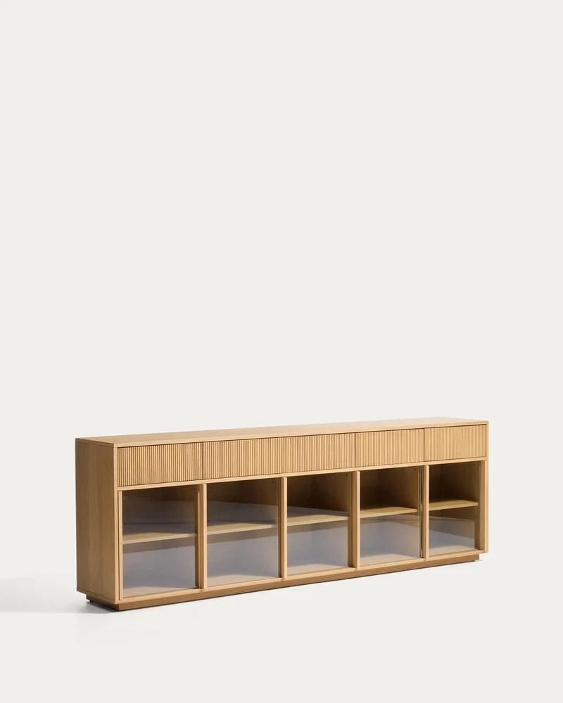 Sideboard Helvine mit 5 Türen und 5 Schubladen aus Eichenfurnier und gehärtetem Glas, 245