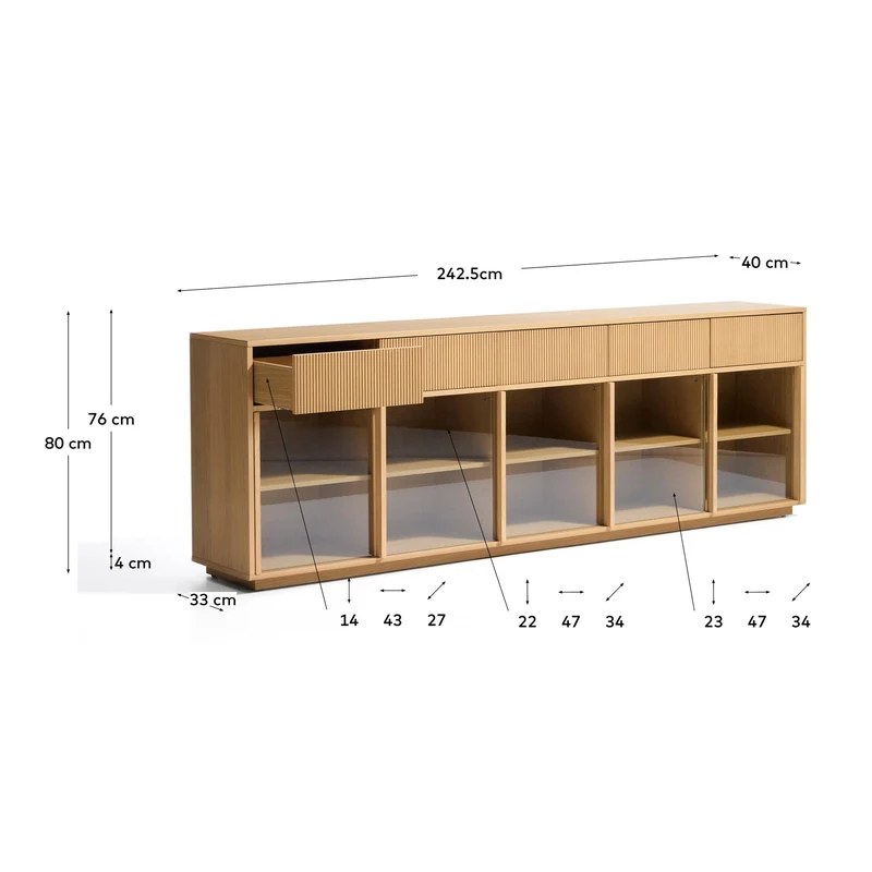 Sideboard Helvine mit 5 Türen und 5 Schubladen aus Eichenfurnier und gehärtetem Glas, 245