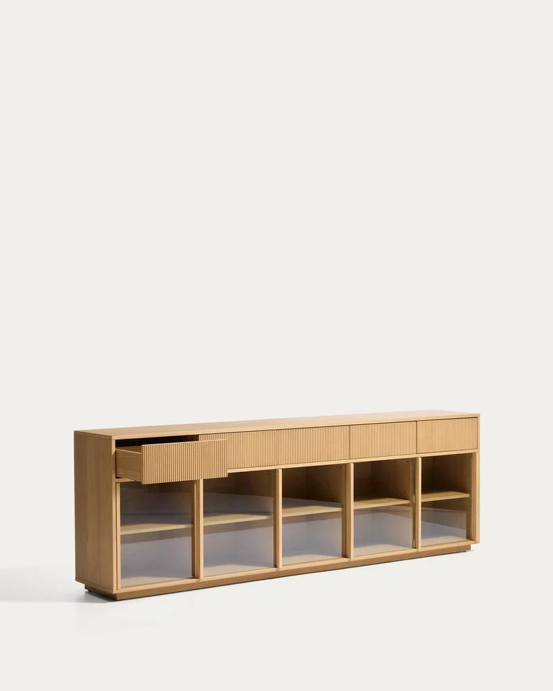 Sideboard Helvine mit 5 Türen und 5 Schubladen aus Eichenfurnier und gehärtetem Glas, 245
