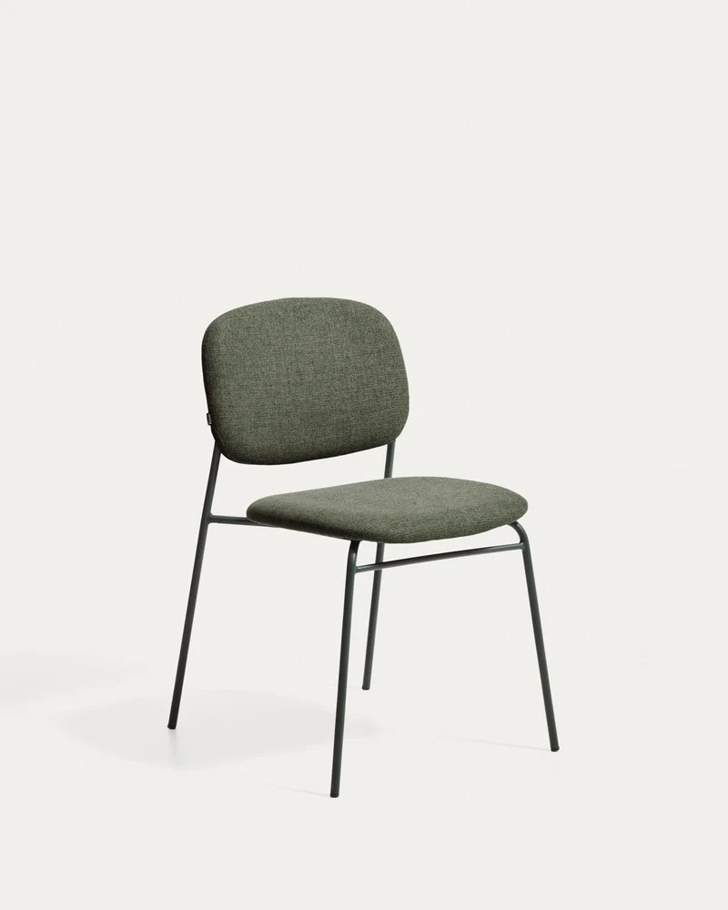 Stapelbarer Stuhl Meli mit grüner Chenille und grünen Metallbeinen, FSC Mix Credit