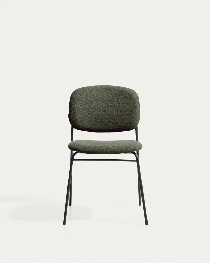 Stapelbarer Stuhl Meli mit grüner Chenille und grünen Metallbeinen, FSC Mix Credit