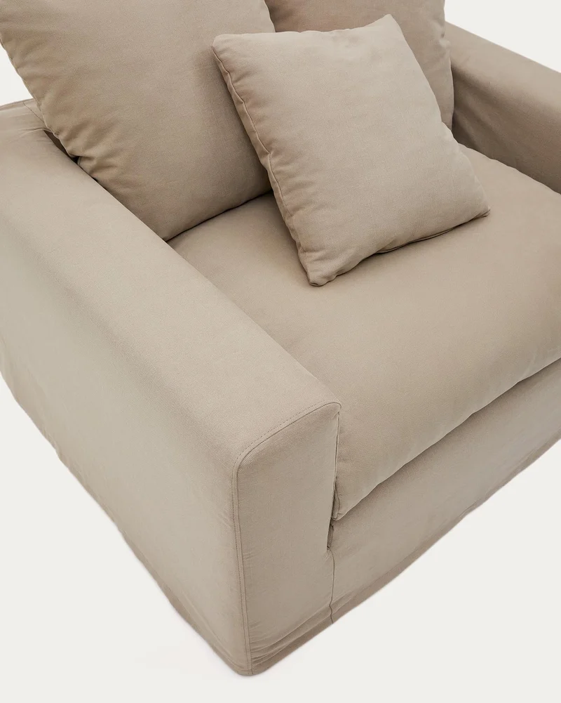 Nora Sessel mit abnehmbarem Bezug und Kissen aus Baumwolle und Leinen in Taupe 140 cm