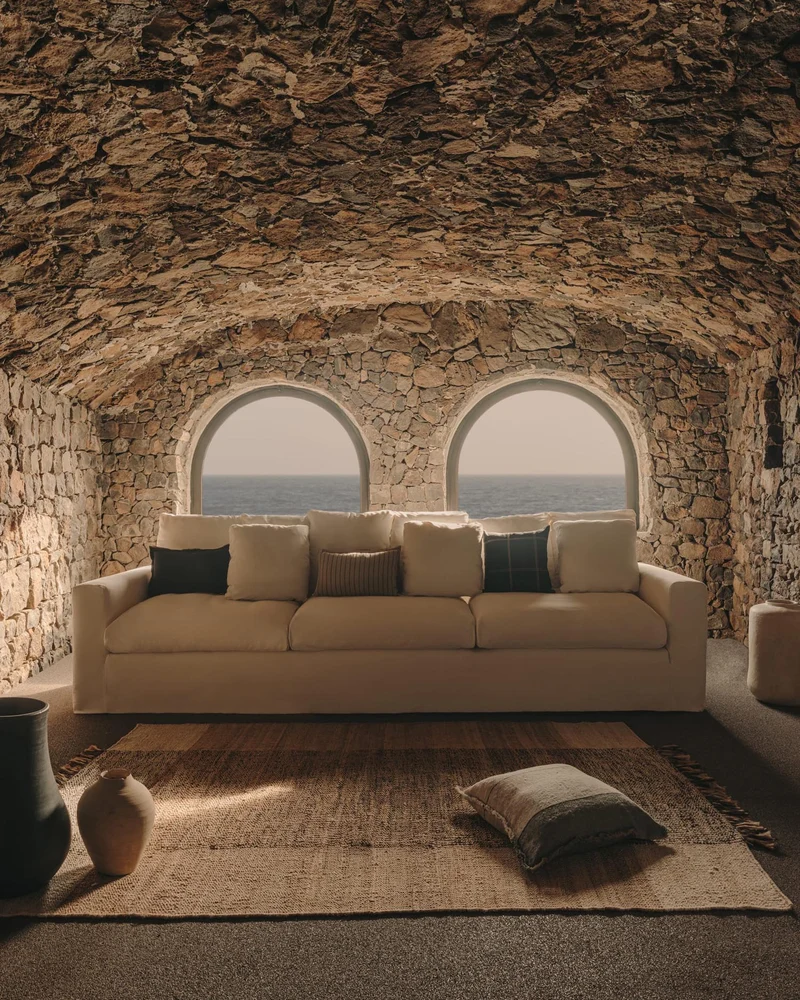 4-Sitzer Sofa Nora mit abnehmbarem Bezug und Kissen aus Leinen und Baumwolle in Taupe 340
